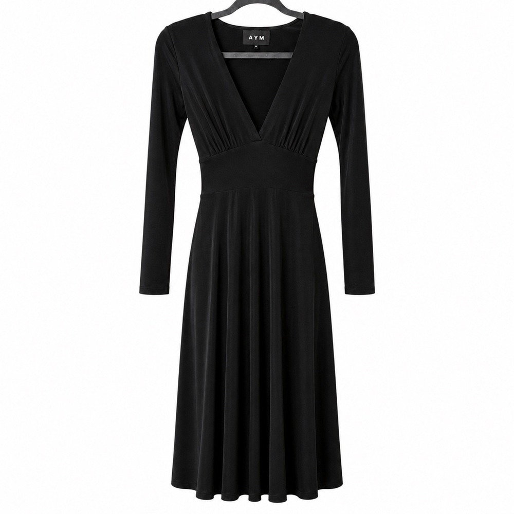 AYM Taylor Dress M Midi Black V-Neck Long Sleeve Lace Up Corset Back Cocktail